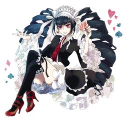 Rule 34 | 10s, 1girl, asahi27, bad id, bad pixiv id, black hair, black thighhighs, bloomers, bonnet, card, celestia ludenberg, clubs, danganronpa: trigger happy havoc, danganronpa (series), diamond (shape), drill hair, full body, gothic lolita, heart, high heels, highres, lolita fashion, long hair, mary janes, necktie, playing card, red eyes, shoes, smile, solo, spade, thighhighs, twin drills, twintails, underwear, weapon, white background