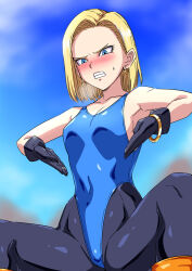 Rule 34 | 1girl, android 18, angry, armpits, blonde hair, blue eyes, blue leotard, blush, bracelet, breasts, cleavage, dragon ball, dragon ball (classic), dragonball z, earrings, gloves, hai (h81908190), haigure pose, highleg, highleg leotard, jewelry, leotard, medium breasts, outdoors, pantyhose, short hair, sky, thong leotard