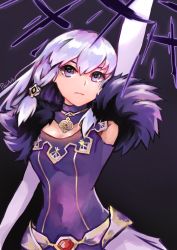 Rule 34 | 1girl, arm up, armpits, belt, breasts, choker, colored inner hair, covered navel, dark background, dress, elbow gloves, fire emblem, fire emblem: three houses, fur trim, gloves, hair between eyes, hair ornament, highres, jewelry, light purple hair, long hair, lysithea von ordelia, magic, multicolored hair, necklace, nintendo, paiiart, purple eyes, serious, shadow, signature, simple background, sleeveless, sleeveless dress, small breasts, solo, tight dress, two-tone hair, upper body, white hair