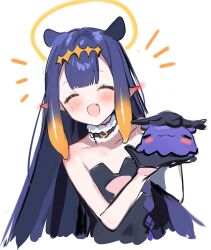 Rule 34 | 1girl, black collar, black dress, black gloves, blunt bangs, blush, closed mouth, collar, commentary, cropped torso, cutout above navel, dress, ear blush, fang, fur-trimmed collar, fur trim, gloves, gradient hair, halo, headpiece, highres, hololive, hololive english, long hair, maru ccy, mole, mole under eye, multicolored hair, ninomae ina&#039;nis, ninomae ina&#039;nis (1st costume), open mouth, orange hair, pointy ears, purple hair, sidelocks, simple background, skin fang, solo, squishing, straight hair, strapless, strapless dress, takodachi (ninomae ina&#039;nis), tentacle hair, tube dress, two-tone hair, virtual youtuber, white background