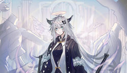 Rule 34 | 1girl, animal ears, arknights, black coat, blood, blood on face, blue eyes, chinese commentary, coat, commentary, echj, hair ornament, halo, lappland (arknights), lappland (refined horrormare) (arknights), looking at viewer, messy hair, official alternate costume, scar, scar across eye, scar on face, sketch, solo, standing, white hair, wolf ears
