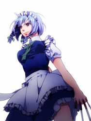 Rule 34 | 1girl, bad id, bad pixiv id, braid, breasts, embodiment of scarlet devil, female focus, hairband, izayoi sakuya, knife, lieben, maid, red eyes, short hair, silver hair, simple background, solo, throwing knife, touhou, twin braids, weapon, white background