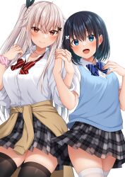 Rule 34 | 2girls, :d, black hair, black ribbon, black thighhighs, blue bow, blue eyes, blush, bow, braid, breasts, brown cardigan, butterfly hair ornament, cardigan, cardigan around waist, closed mouth, clothes around waist, collared shirt, commentary request, diagonal-striped bow, dress shirt, etna (kuzuyu), grey hair, grey skirt, hair between eyes, hair ornament, hair ribbon, hands up, highres, holding hands, interlocked fingers, komori kuzuyu, long sleeves, looking at viewer, medium breasts, multiple girls, one side up, open mouth, original, plaid, plaid skirt, pleated skirt, pointy ears, red bow, red eyes, ribbon, rivier (kuzuyu), shirt, short sleeves, simple background, skirt, small breasts, smile, sweater vest, thighhighs, white background, white shirt, white thighhighs