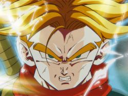 Rule 34 | 1990s (style), 1boy, animeajay, blue eyes, blue jacket, clenched teeth, commentary, denim, denim jacket, derivative work, dragon ball, dragon ball super, electricity, english commentary, film grain, forehead, glowing, highres, hisada kazuya (style), jacket, looking at viewer, male focus, neckerchief, portrait, red neckerchief, retro artstyle, screenshot redraw, serious, solo, spiked hair, strap, super saiyan, super saiyan 2, sword, sword behind back, teeth, trunks (dragon ball), trunks (future) (dragon ball), v-shaped eyebrows, weapon, weapon on back, yamamuro tadayoshi (style)