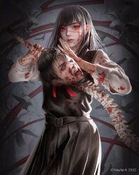 Rule 34 | 1girl, artist name, bird, black hair, blank eyes, blood, blood on clothes, blood on face, chainsaw man, cross scar, crow, dated, dress, facial scar, fourth east high school uniform, highres, holding, holding sword, holding weapon, long hair, looking at viewer, naofaro, neck ribbon, open mouth, pinafore dress, red eyes, red ribbon, ribbon, ringed eyes, scar, scar on cheek, scar on face, school uniform, severed head, short hair, sleeveless, sleeveless dress, solo, spine, sword, tanaka (chainsaw man), weapon, yoru (chainsaw man)