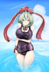 Rule 34 | 1girl, absurdres, beach, bird, bow, breast hold, breasts, cloud, day, covered erect nipples, fish, frills, front ponytail, green eyes, green hair, hair bow, hair ornament, hair ribbon, highres, huge breasts, kagiyama hina, large breasts, lips, long hair, nekonayasai, ocean, one-piece swimsuit, outdoors, ribbon, ripples, school swimsuit, seagull, sky, swimsuit, touhou, water, wet, wet clothes, wet swimsuit