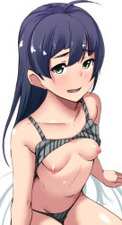 Rule 34 | 1girl, ahoge, asymmetrical bangs, blush, bra, bra lift, breasts, chirashi (so), from above, fujinami (kancolle), grey panties, hair down, highres, kantai collection, long hair, looking at viewer, nipples, open mouth, panties, purple hair, simple background, sitting, small breasts, solo, striped bra, striped clothes, striped panties, underwear, white background, yellow eyes