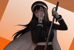 1girl absurdres belt black_cape black_hair black_hat brown_background cape ellinyse gloves grey_background grey_cape grey_gloves hand_up hat highres holding holding_sword holding_weapon hood hood_down long_hair long_sleeves red_eyes shy_(series) solo sword teeth tennouji_mai_(shy) two-sided_cape two-sided_fabric weapon white_belt white_hat