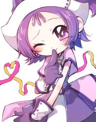 Rule 34 | 1girl, blush, earrings, finger to mouth, heart, heart of string, jewelry, looking at viewer, ojamajo doremi, one eye closed, pink ribbon, purple eyes, purple hair, ribbon, segawa onpu, short hair, side ponytail, simple background, sketch, smile, solo, white background, wink, yellow ribbon