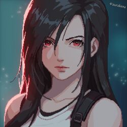 Rule 34 | 1girl, absurdres, artist name, aurakera, black hair, close-up, closed mouth, collarbone, final fantasy, final fantasy vii, green background, hair between eyes, highres, lips, long hair, looking at viewer, pixel art, portrait, red eyes, solo, suspenders, tank top, tifa lockhart, upper body, v-shaped eyebrows, white tank top