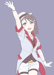 Rule 34 | 10s, 1girl, absurdres, bad id, bad pixiv id, blue eyes, brown hair, cowboy shot, female focus, flat color, gamjolno, gloves, grey background, hat, highres, love live!, love live! school idol festival, love live! sunshine!!, short hair, simple background, smile, solo, watanabe you