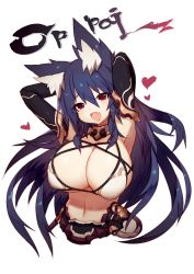 Rule 34 | 1girl, arms up, bikini, black hair, blush, breasts, cleavage, criss-cross halter, elbow gloves, covered erect nipples, gloves, halterneck, halterneck, heart, highres, huge breasts, long hair, mamuru, navel, open mouth, original, red eyes, simple background, smile, solo, swimsuit, white background