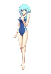 Rule 34 | 1girl, :o, absurdres, alternate costume, aqua eyes, aqua hair, atelier (series), barefoot, blue eyes, blue hair, breasts, competition swimsuit, cross edge, feet, female focus, full body, highres, hirano katsuyuki, impossible clothes, impossible swimsuit, legs, mana khemia (series), mana khemia 2, matching hair/eyes, medium breasts, nakamura tatsunori, official art, one-piece swimsuit, open mouth, short hair, simple background, skin tight, solo, standing, swimsuit, wuim (mana khemia)