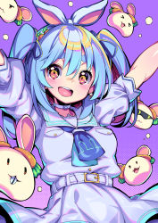 Rule 34 | 1girl, :d, absurdres, animal ears, arms up, belt, blue hair, blue neckerchief, blue ribbon, breast pocket, carrot hair ornament, chai mao, choker, commentary, dress, earrings, english commentary, food-themed hair ornament, hair ornament, hair ribbon, hairclip, highres, hololive, jewelry, medium hair, neckerchief, open mouth, orange eyes, pekomon (usada pekora), pocket, puffy short sleeves, puffy sleeves, rabbit earrings, rabbit ears, rabbit girl, ribbon, sailor collar, sailor dress, short dress, short sleeves, smile, solo focus, teeth, thick eyebrows, twintails, upper teeth only, usada pekora, usada pekora (casual), virtual youtuber, white belt, white choker, white dress, white sailor collar