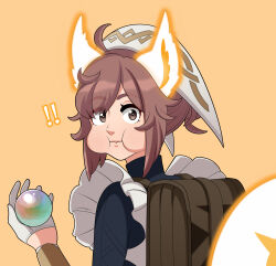 Rule 34 | !, !!, 1girl, absurdres, animal ears, ankle boots, apron, boots, brown hair, cheek bulge, cowlick, deebyfeeby, fire emblem, fire emblem heroes, frilled apron, frills, glowing ears, glowing tail, highres, holding orb, looking at viewer, looking back, nintendo, ratatoskr (fire emblem), squirrel ears, squirrel girl, squirrel tail, tail