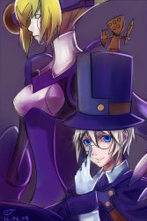 Rule 34 | 1boy, absurdres, adjusting eyewear, android, arc system works, armor, blazblue, blazblue: calamity trigger, blonde hair, blue eyes, breastplate, carl clover, early type, glasses, gloves, hat, height difference, highres, nirvana (blazblue), short hair, top hat, white gloves