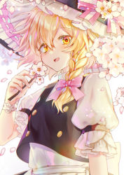 Rule 34 | 1girl, black dress, black ribbon, blonde hair, blush, bow, braid, cherry blossoms, commentary, dress, falling petals, flower, frilled hat, frilled sleeves, frills, hair bow, hat, hat bow, here (hr rz ggg), highres, holding, holding flower, kirisame marisa, open mouth, petals, pink bow, pink ribbon, puffy short sleeves, puffy sleeves, ribbon, ribbon-trimmed sleeves, ribbon trim, shirt, short sleeves, single braid, touhou, upper body, white background, white bow, white shirt, witch hat, yellow eyes