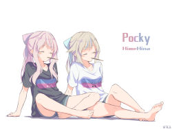 Rule 34 | 2girls, alternate costume, alternate hairstyle, arm support, bare legs, barefoot, baronilu, blonde hair, blue bow, blush stickers, bow, commentary request, denim, denim shorts, english text, closed eyes, food, hair bow, highres, himehina channel, in mouth, indian style, multiple girls, pink bow, pink hair, pocky, ponytail, shirt, short shorts, shorts, sitting, sketch, suzuki hina, t-shirt, tanaka hime, virtual youtuber