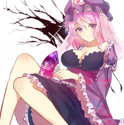 Rule 34 | 1girl, adapted costume, blush, breasts, cleavage, closed mouth, collarbone, commentary request, hand fan, folding fan, hat, japanese clothes, kimono, konnyaku (yuukachan 51), large breasts, long sleeves, looking at viewer, mob cap, obi, open clothes, open kimono, pink eyes, pink hair, saigyouji yuyuko, saigyouji yuyuko&#039;s fan design, sash, sitting, smile, solo, touhou, triangular headpiece, wide sleeves