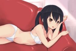 Rule 34 | 1girl, :d, black hair, blush, bow, bow panties, bra, brown hair, couch, k-on!, looking at viewer, nakano azusa, open mouth, panties, smile, solo, twintails, underwear, underwear only, wa (genryusui), white bra, white panties