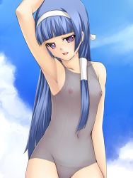 Rule 34 | 00s, 1girl, arm up, armpits, bad id, bad pixiv id, blue hair, blunt bangs, collarbone, contrapposto, day, face, fishnet swimsuit, fishnet top, fishnets, hair ribbon, hair tubes, kannagi, long hair, looking at viewer, nagi, nakamura kusata, navel, nipples, open in internet explorer, parted lips, purple eyes, ribbon, see-through, see-through swimsuit, sky, smile, smug, solo, standing, swimsuit, very long hair, white ribbon