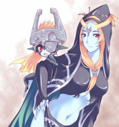 Rule 34 | 1girl, blue skin, breasts, colored skin, dual persona, fang, front ponytail, hand on own hip, helmet, hip focus, light smile, microspace, midna, midna (true), midriff, navel, nintendo, orange hair, red eyes, robe, smile, spoilers, the legend of zelda, the legend of zelda: twilight princess
