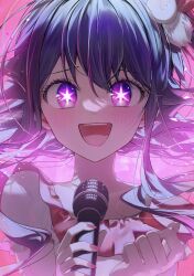 Rule 34 | 1girl, :d, absurdres, blush, collarbone, dress, frilled dress, frills, hair between eyes, hair ornament, hands up, highres, holding, holding microphone, hoshino ai (oshi no ko), idol, kamatoyu, long hair, looking at viewer, microphone, open mouth, oshi no ko, pink dress, purple eyes, purple hair, rabbit hair ornament, smile, solo, sparkle, star (symbol), star in eye, straight-on, symbol in eye, teeth