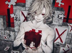 Rule 34 | 1boy, absurdres, bishounen, genshin impact, grey hair, guro, highres, kaveh (genshin impact), male focus, puzzle, puzzle piece, red background, red eyes, sakura11587158, short hair, simple background, smile, solo, stitches, topless male