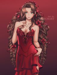 Rule 34 | 1girl, absurdres, aerith gainsborough, aerith gainsborough (red dress), artist name, bow, breasts, brown hair, cleavage, dress, drill hair, final fantasy, final fantasy vii, final fantasy vii remake, flower, green eyes, hair bow, hair flower, hair ornament, hair ribbon, highres, jewelry, leofoxart, long hair, nail polish, necklace, official alternate costume, parted lips, red dress, ribbon, solo, square enix, strapless, strapless dress, very long hair, wall market