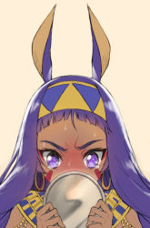 Rule 34 | 1girl, alternate hairstyle, animal ears, blunt bangs, blush, commentary, dark-skinned female, dark skin, earrings, embarrassed, english commentary, facial mark, fate/grand order, fate (series), forehead, frown, grey background, hairband, highres, holding, hoop earrings, jackal ears, jewelry, long hair, mirror, nitocris (fate), nose blush, purple eyes, purple hair, simple background, solo, sweat, nervous sweating, tearing up, tears, tonee