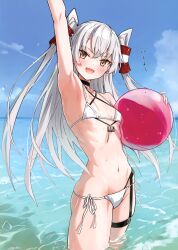Rule 34 | 1girl, absurdres, amatsukaze (kancolle), arm up, armpits, ball, beachball, bikini, blue sky, blush, breasts, brown hair, choker, day, groin, hair ornament, hair tubes, highres, holding, kantai collection, long hair, looking at viewer, navel, ocean, open mouth, outdoors, partially submerged, scan, shiny skin, side-tie bikini bottom, simple background, sky, small breasts, solo, stomach, swimsuit, takanashi kei (hitsujikan), twintails, water, wet, white hair