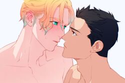 Rule 34 | 2boys, adam&#039;s apple, ao isami, black hair, blonde hair, blush, couple, eye contact, face-to-face, facial hair, highres, imminent kiss, lewis smith, llld (2ldk1241), looking at another, male focus, multiple boys, nude, portrait, short hair, sideburns stubble, stubble, thick eyebrows, toned, toned male, yaoi, yuuki bakuhatsu bang bravern