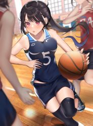Rule 34 | 3girls, absurdres, ball, basketball (object), basketball court, basketball uniform, black hair, blurry, blurry background, blurry foreground, dribbling (basketball), floating hair, highres, kaku yone, long hair, multiple girls, original, pink eyes, playing sports, ponytail, shoes, short shorts, shorts, sneakers, solo focus, sportswear, sweat, v-shaped eyebrows