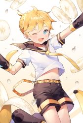 Rule 34 | 1boy, arms up, artist name, azit (down), banana, banana slice, black footwear, black sailor collar, black shorts, blonde hair, blue eyes, blush, boots, clothes lift, detached sleeves, food, fruit, highres, jumping, kagamine len, looking at viewer, male focus, midriff, motion blur, navel, necktie, one eye closed, ponytail, sailor collar, shirt, shirt lift, shorts, solo, star (symbol), star in eye, symbol in eye, vocaloid, water drop, white shirt, yellow necktie
