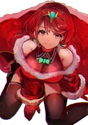 Rule 34 | 1girl, absurdres, alternate costume, black thighhighs, breasts, cape, gloves, highres, jewelry, large breasts, pyra (xenoblade), red eyes, red hair, short hair, simple background, solo, swept bangs, tarbo (exxxpiation), thighhighs, white background, xenoblade chronicles (series), xenoblade chronicles 2