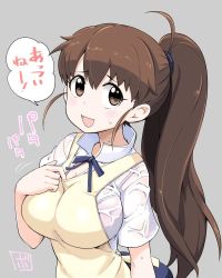 Rule 34 | 1girl, :d, apron, bowieknife, bra, breasts, brown eyes, brown hair, collared shirt, female focus, grey background, large breasts, long hair, looking at viewer, open mouth, ponytail, see-through, shirt, simple background, smile, solo, speech bubble, sweat, taneshima popura, underwear, waitress, wet, wet clothes, working!!
