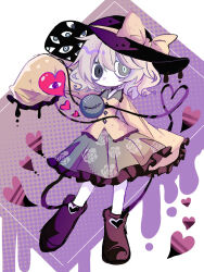 Rule 34 | 1girl, bags under eyes, black footwear, black hat, blouse, boots, bow, buttons, diamond button, dot mouth, eyeball, floral print, frilled shirt, frilled shirt collar, frilled skirt, frilled sleeves, frills, full body, green eyes, green skirt, grey hair, hair between eyes, hat, hat bow, hat ribbon, hatosabure, heart, heart of string, highres, koishi day, komeiji koishi, long sleeves, looking at viewer, medium hair, no nose, ribbon, rose print, shirt, skirt, sleeves past fingers, sleeves past wrists, solo, standing, standing on one leg, third eye, touhou, wavy hair, white background, wide sleeves, yellow bow, yellow ribbon, yellow shirt