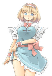 Rule 34 | 1girl, :o, alice margatroid, arnest, blonde hair, blue dress, blue eyes, bow, breasts, capelet, clothes lift, dress, dress lift, hairband, hand in underwear, highres, large breasts, lolita hairband, open mouth, puffy short sleeves, puffy sleeves, red bow, red hairband, red neckwear, sash, short hair, short sleeves, simple background, solo, touhou, white background, white capelet