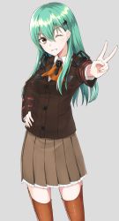 Rule 34 | 10s, 1girl, ;), bad id, bad pixiv id, brown eyes, colored eyelashes, gen (gen 7254), green hair, grin, hair ornament, hairclip, hand on own hip, highres, kantai collection, long hair, looking at viewer, one eye closed, pleated skirt, school uniform, skirt, smile, solo, suzuya (kancolle), thighhighs, v