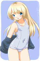 Rule 34 | 1girl, alternate costume, blonde hair, blue eyes, blue jacket, covered navel, cowboy shot, dated, dress, flat chest, jacket, jervis (kancolle), kantai collection, old school swimsuit, one-hour drawing challenge, one-piece swimsuit, ray.s, sailor dress, school swimsuit, solo, standing, swimsuit, twitter username, undressing, white one-piece swimsuit