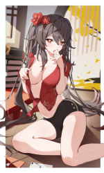 Rule 34 | 1girl, absurdres, alternate breast size, bare legs, black shorts, book, breasts, brown hair, brush, cleavage, collarbone, fingernails, flower, flower-shaped pupils, genshin impact, hair between eyes, hair flower, hair ornament, hand to own mouth, highres, houkisei, hu tao (genshin impact), indoors, large breasts, long hair, looking at viewer, nail polish, navel, no bra, open clothes, open mouth, open shirt, red eyes, red flower, red shirt, shirt, short shorts, shorts, sitting, skindentation, solo, symbol-shaped pupils, thighs, very long hair