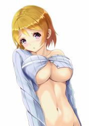 Rule 34 | 10s, 1girl, alternate costume, breast press, breasts, convenient censoring, koizumi hanayo, large breasts, light brown hair, looking at viewer, love live!, love live! school idol project, nachi (heikou sekai), navel, parted lips, purple eyes, ribbed sweater, short hair, simple background, solo, sweater, underboob, upper body
