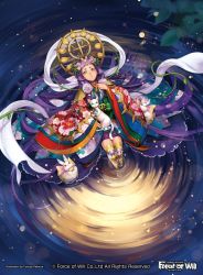 Rule 34 | 1girl, bow, rabbit, cat, copyright name, crown, flower, force of will, fukuzou, hair flower, hair ornament, japanese clothes, jewelry, kimono, leaf, long hair, necklace, official art, purple hair, thighhighs, water, yellow eyes