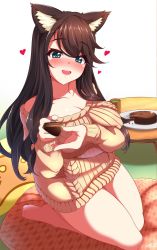 Rule 34 | 1girl, animal ears, azur lane, black hair, blue eyes, blush, breasts, cake, cat ears, cleavage, collarbone, commentary request, feeding, food, fusou (azur lane), fusou (perfect partner?) (azur lane), large breasts, long hair, long sleeves, looking at viewer, naked sweater, off-shoulder sweater, off shoulder, official alternate costume, open mouth, ribbed sweater, room, sayossa (pak-front), smile, solo, sweater, swept bangs
