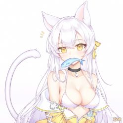 Rule 34 | 1girl, ^^^, animal ears, badge, bare shoulders, bikini, black choker, blush, breasts, button badge, cat ears, cat girl, cat tail, choker, cleavage, collarbone, commentary request, fish, fish in mouth, halterneck, jacket, long hair, looking at viewer, medium breasts, mouth hold, off shoulder, open clothes, open jacket, original, partially unzipped, pong (vndn124), silver hair, simple background, solo, swimsuit, tail, upper body, very long hair, white background, white bikini, x x, yellow eyes, yellow jacket