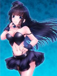Rule 34 | 1girl, aquaplus, ass, bare shoulders, black hair, blue eyes, breasts, choker, cleavage, closed mouth, collarbone, cowboy shot, crop top, fingerless gloves, frilled skirt, frills, gloves, hat, large breasts, long hair, looking at viewer, midriff, minazuki 83, off shoulder, raised eyebrows, sidelocks, skirt, sleeveless, smile, solo, standing, thighs, toned, toned female, touma kazusa, very long hair, white album, white album (series), white album 2, wrist cuffs