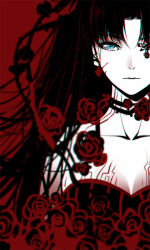 Rule 34 | 1girl, :|, bare shoulders, black dress, black hair, blue eyes, breasts, choker, cleavage, closed mouth, collarbone, dress, expressionless, fate/stay night, fate (series), flower, looking at viewer, red background, red rose, rose, simple background, solo, strapless, strapless dress, tohsaka rin, upper body, yaoshi jun