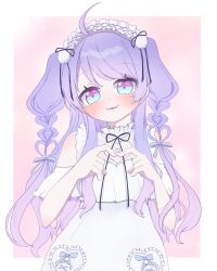 Rule 34 | 1girl, absurdres, amiya aranha, amiya aranha (1st costume), arm cutout, black ribbon, blue bow, blue eyes, blush, border, bow, braid, commentary, commission, cowlick, dress, english commentary, hair bow, hairband, head tilt, highres, indie virtual youtuber, lolita hairband, looking at viewer, nanatanunyan, outside border, pink background, purple eyes, ribbon, second-party source, skeb commission, smile, solo, two-tone eyes, two side up, virtual youtuber, white border, white dress