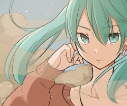Rule 34 | 1girl, aqua eyes, aqua hair, collarbone, commentary, earrings, expressionless, hand up, hatsune miku, jacket, jewelry, long hair, looking at viewer, mihiro momonoki, portrait, red jacket, sand, solo, suna no wakusei (vocaloid), twintails, vocaloid, wind