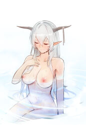 Rule 34 | 1girl, arknights, breasts, cleavage, closed eyes, completely nude, elsi, grey hair, hair between eyes, highres, horns, large breasts, long hair, navel, nipples, nude, partially submerged, pointy ears, shining (arknights), smile, solo